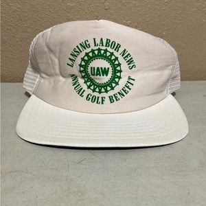 Vintage New Era UAW White Green Trucker Hat Cap Mesh Snapback Made In USA